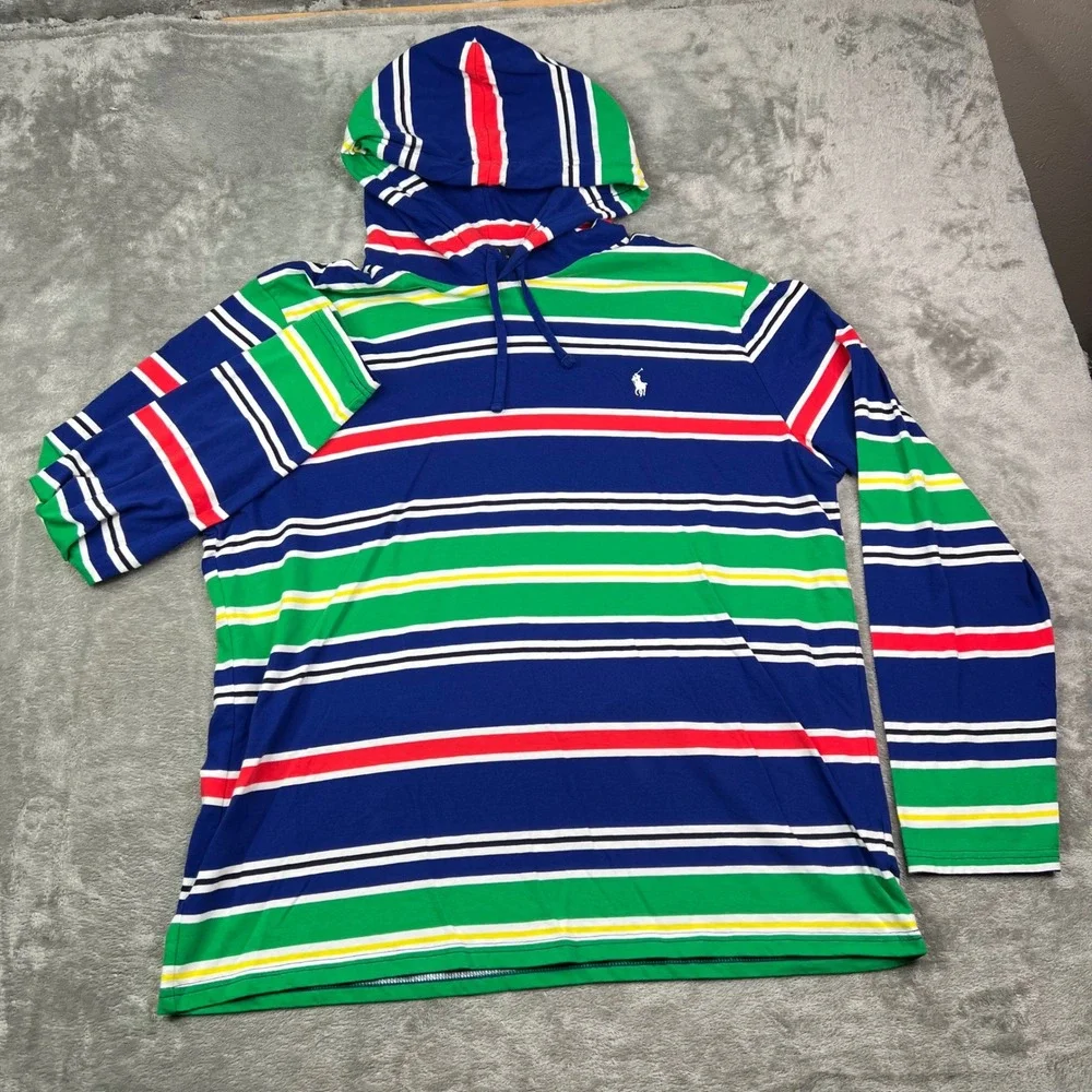 Polo Ralph Lauren Hooded T-Shirt Mens XL Blue Green Striped Long Sleeve Cotton